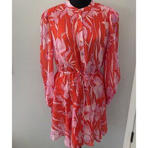 Milly Women’s 8 Reina Parrot Tulip Mini Dress Long Sleeve Coral Pink Lightweight